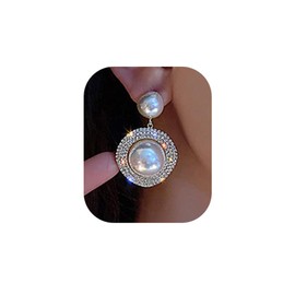 Wiwpar Pearl Rhinestone Circle Earrings Pearl Dangle Drop Earrings Dainty Round Shaped Pearl Earrings for Women (White)