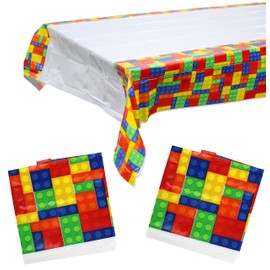Iconikal 3-Pack Building Block Party Tablecloth 54x84-Inch Colorful Plastic Disposable Water-Resistant Kids Birthday Decoration Boys Block Theme