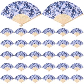 uyakhom 36 Pcs 8 Inch Chinoiserie Printed Paper Hand Fan Blue and White Porcelain Folding Handheld Retro Fans Bulk for Dancing Wedding Cosplay Tea Party Home Decoration Women Gifts
