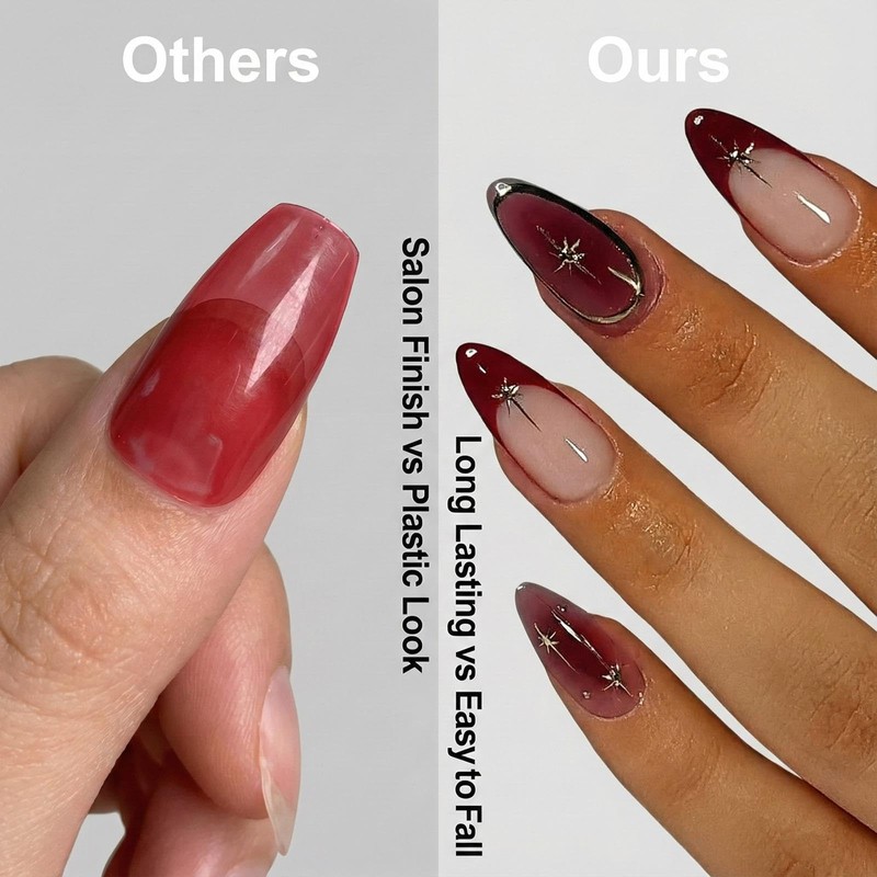 Burgundy Ombre Press On Nails - 24Pcs Almond French Tips