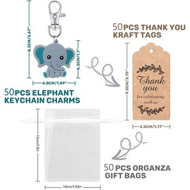 Recuerdos Baby Shower Niño, Regalos para Baby Shower, Juego de 50 Llaveros de Elefante Lindos para Fiestas de Niños Shower Con Etiquetas de Agradecimiento, Bolsas de Organza, Decoraciones Baby Shower