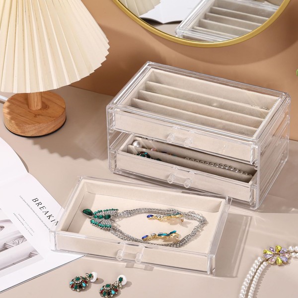 CLUQMEIK Necklace Organizer Box, Tray with Clear Lid, Dustproof Velvet