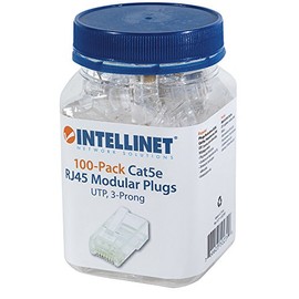 Intellinet RJ45 Modular Plugs Cat5e UTP 3-Prong for Solid Wire 15 µ Gold Plated Contacts 100 Pack