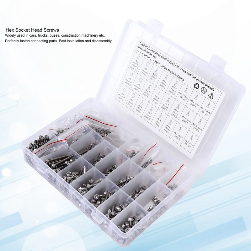 1080Pcs/Set M2 M3 M4 Screw Nut Gasket Kit Stainless Steel