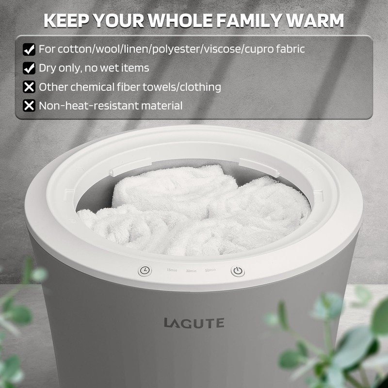 Lagute 20L Towel Warmer for Bathroom, 3-Level Timer, Warning Alarm