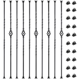 10 Pack Staircase Balusters, 1/2" x 43.8" Hollow Single Basket and Double Twist Iron Balusters for Staircase Indoor，with 20 Swivel Shoes