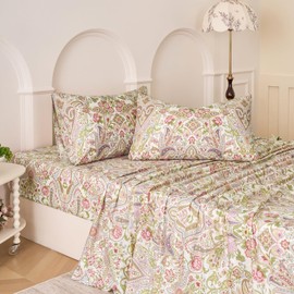 Huborise Pink Paisley Floral Bed Sheets Set 100% Cotton Percale Sheets King Size Green Leaves Printed Boho Sheets, Soft & Breathable Shabby-Chic Luxury Vintage Deep Pocket Fitted Sheet 17.5" 4 Pcs