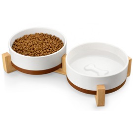 MALACASA Ceramic Dog Bowls Set with Wood Stand, 3.5 Cups Pet Bowls for Medium Dogs with Non-Slip Base, Large Puppies, Cats, Retrievers, ect.Pet Food & Water Basic Bowls Set, Weighted Glaze Matte.34 OZ