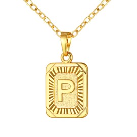 U7 Men Women A-Z 26 Letters Pendant Minimalist Monogram Name Jewelry 18K Gold Plated Square Pendants Capital Initial Necklace (P)