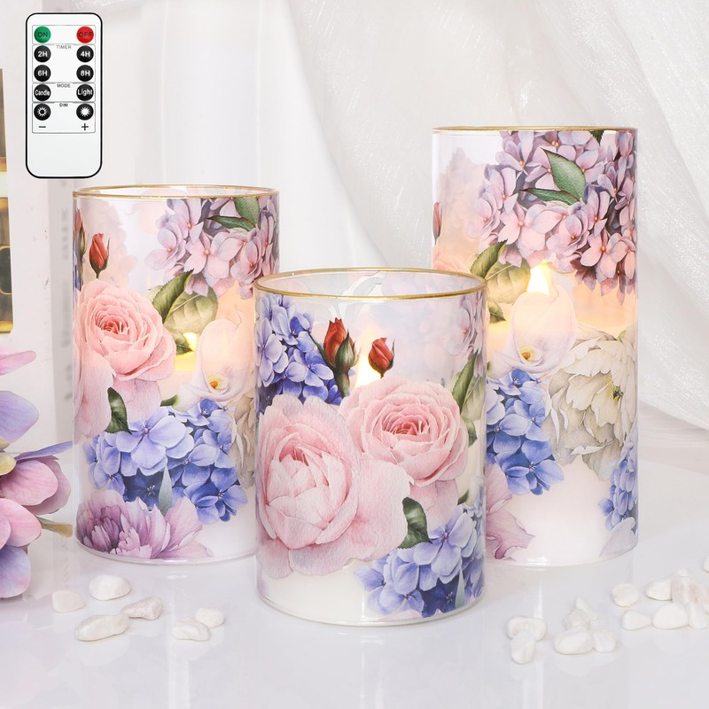 Silverstro Hydrangea Rose Flameless Candles with Remote Control & Timer