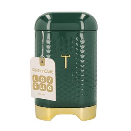 KitchenCraft Tea Storage Caddy with Lid, Hunter Green & Gold, 11.5 x 11.5 x 19.5cm