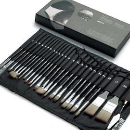 ARTIFY Pinceles Pintura Acrilica Profesionales, 26 Piezas Juego de Pinceles de Nylon Sintético con Rollo Organizador y Espátula para Acrilico, Gouache, Óleo, No Pierden Cerdas (Negro)