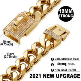 18K Gold Dog Collar Chain Necklace with Diamond Buckle, Strong Stainless Steel Metal 19mm Wide Cuban Link Training Dog Chains for Small Medium Large Dogs