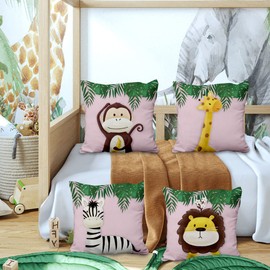 Aoihrraan 20 x 20 Inch Cute Cartoon Animal Cushion Covers Forest Monkey Giraffe Floral Plant Square Linen Light Pink Decorative Throw Pillow Cover Kid Sofa Baby Children Bedroom, 51x51cm Sets of 4