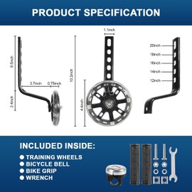 Bike Training Wheels, Flash Mute Wheel, Bicycle Stabiliser Mounted Kit, Training Wheels Compatible 12 14 16 18 20 Inch Bikes(Black) ﻿