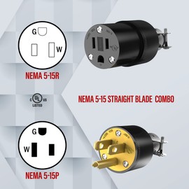ENERLITES Electrical Replacement Plug & Connector Set, Extension Cord Ends Male and Female, 15 Amp 125 Volt, Straight Blade Plug Grounding Type, NEMA 5-15P & 5-15R, UL Listed, 66212-BK, Black