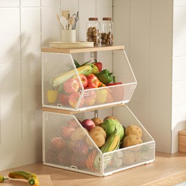 Fruit Basket for Kitchen Wire Baskets with Wood Lid, Wall Mounted Produce Basket for Fruit and Vegetable, Stackable Countertop Onion and Potato Storage, 7.1"W & 11.1"W Kitchen Counter Organizer