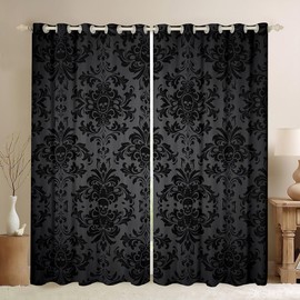 Homemissing Black Damask Window Curtain 137 x 117 cm Children's Vintage Floral Opaque Curtains for Boys Girls Antique Victorian Baroque Curtains Gothic Bone Skeleton Curtains