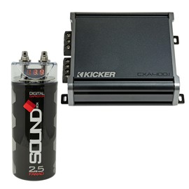 Kicker 46CXA4001 400W CX Series Mono Class D Subwoofer Amplifier + SoundBox SCAP2D 2.5F Digital Capacitor Bundle – One‑Ohm Stable, 12dB Crossover, KickEQ Bass Boost, 2500W Peak