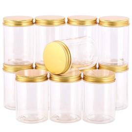 Tecbeauty 12 tarros vacíos de plástico transparente con tapas para uso en cocina, lima, productos de belleza (tapas doradas)