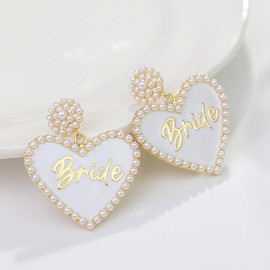 Love Heart Bride Earrings for Women Imitation Pearl Beaded Heart Earrings Bride Beauty Letter Statement Dangling Earrings Shiny Rhinestone Wedding Bridal Jewelry-White