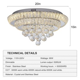Miuyhji Elegant LED Crystal Raindrop Ceiling Light,20" Flush Mount Chandelier Light Fixture with Remote Control for Living Room Kitchen Island Bathroom Bedroom Hallway Entryway(Dimmable)