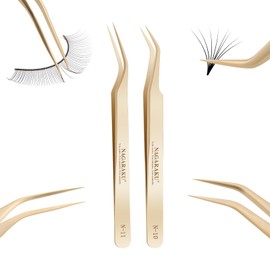 NAGARAKU 1 Pair Eyelash Extension Tweezers Set, Gold Curved Volume Make Fans Isolation Lash Tweezers Precision Pinzas Light Weight Easy Fanning Stainless Steel Precision for Lashes (N-10 & N-11)