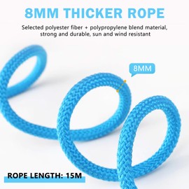 WALWAL Clothes Drying Rope, Heavy-Duty Clothesline, Rust-Resistant Hooks, Adjustable 50 Ft Long for Indoor & Outdoor Use, Perfect for Camping, Home Laundry, Travel (Blue)