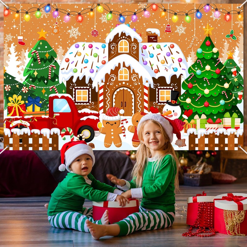 Mocsicka Gingerbread Christmas Backdrop Brown Gingerbread House Party Decorations Banner