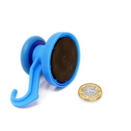 FIRST4MAGNETS Blue Rubber Coated Neodymium Magnet with Swivel Hook for Holding Rope, Wires and Clothing - 43mm Dia - Pack of 10