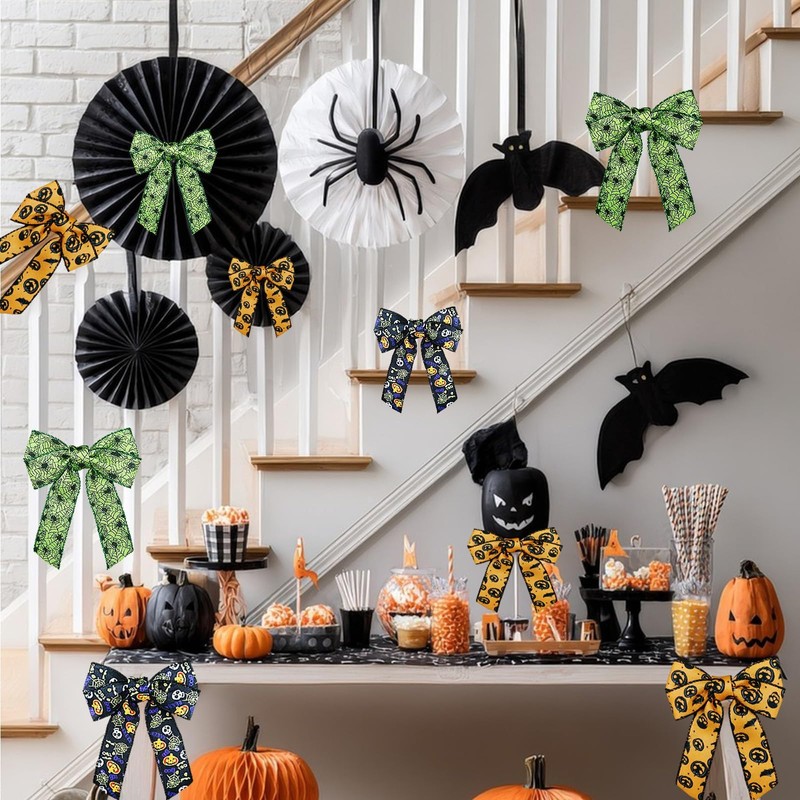 3 Rolls Halloween Ribbons Bat Spider Web Printed Ribbon Wired