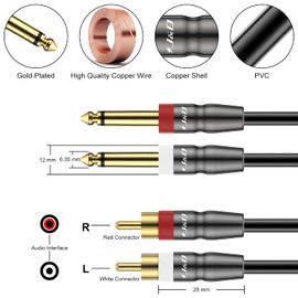 J&D Dual 1/4 inch TS to Dual RCA Cable, Heavy Duty 1/4 Male to RCA Male Adapter Stereo Audio Interconnect Quarter inch Cable, 6 Feet