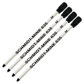 Schmidt 635 D1 Mine Ballpoint Refill - Black Ink - Medium Tip 0.7mm - Pack of 4 (with Plastic End Cap)