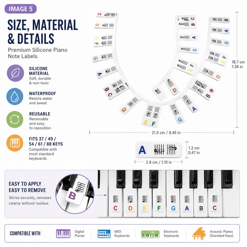 Silicone Piano Keyboard Note Labels for Beginners – Reusable Removable