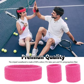 ShanBye Sweatbands Set with Sports Headband Wristbands, 3 PCS Cotton Athletic Sweat Band for Sports, Tennis, Working Out, Boxing, Gym, Pink