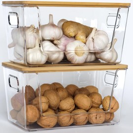 2 Pack Pantry Organizers Stackable Storage Bins Open Front with Lids for Onion Potato Fruit Vegetable Snack Bread Produce - Clear Holder for Kitchen Laundry Countertop or Under Sink Organizer (Small)