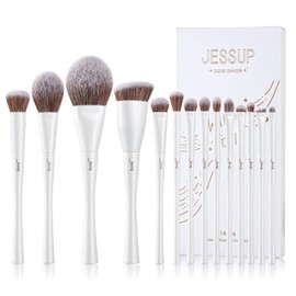 Jessup Brochas de Maquillaje, 14 Piezas Set de Brochas de Maquillaje para Base en Polvo, Sombra de Ojos, Corrector, Colorete, Contorno, Brocha Para Mezclar, Sintética Perla Blanca T343