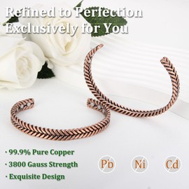 Fashtour Copper Bracelet for Women 99.99% Pure Copper 6pcs with Powerful Magnets Twisted Wire Crochet Embossed Open Bangle Jewelry