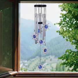 Blue Evil Eye Heart Wind Chimes, Metal Tubes Hanging Ornaments, Car Outdoor Garden Decor (Sun)