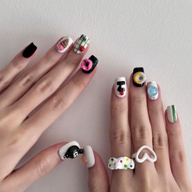 Press on Nails Short - Glue on Nails Acrylic Nails 3D Press on Nails Fake Nails with Designs, Ice-Cream Chocolate Candy Stick Charms Handmade Press on Nails Cute Press on Nails for Young Girls (S)