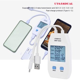 USB Meter, White ABS LCD USB Tester Detector Voltmeter Ammeter Portable Digital Power Capacity Tester Meter Used to Inspect USB Chargers Portable Power Sources Data Cables