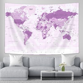 Old World Map Tapestry, Purple Map Educational Wall Tapestry Vintage Asia Europe South City Topography America Africa Wall Decor, Map of World Wall Art for Living Room Office 71X60 Inch