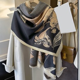 GFM® Women's Magnolia Flowers Pattern Cashmere Texture Pashmina Style Scarf Shawl for Autumn, Winter (FRLSHL-KK) (Magnolia-Light Brown Black)(FRLSHL-27-HLKEKKL)
