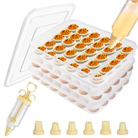 Lainballow 3 Pcs 90 Slots Deviled Egg Containers with Lids, Plastic Deviled Egg Platter, Stackable Egg Carrier, Reusable Deviled Egg Holders with Piping Tool Set for Thanksgiving Easter Party Picnic