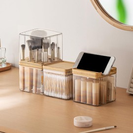 MORNITE 3-Pack Makeup Organizer Set with Lids, Makeup Brush Holder Containers, Cosmetic Display Case, Bathroom Vanity Counter Storage for Eyeliners Lip Liners Qtips Sponges Cotton Pad