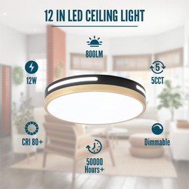 Wheatronic LED Ceiling Light Flush Mount Black and Gold,24W Kitchen Light Fixture Ceiling Mount 2 Pack,12 inch Close to Ceiling Light Fixture 5CCT for Bedroom,Bathroom,Living Room