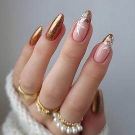 Snowflake Press on Nails Christmas Medium Gold French Almond Fake Nails, White Snow Gold Glitter Acrylic Nails, Shiny False Nails Kits Super Fit Nail Tip Winter Stick Glue on Nails 24 Pcs