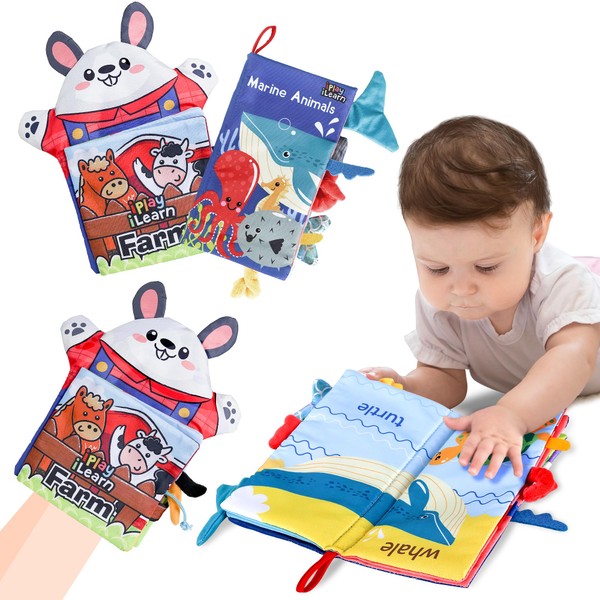 iPlay, iLearn Baby Books 6-12 Months, 2PCS Infant Soft Crinkle Book Set, Babies Carseat Stroller Toy, Touch & Feel Cloth Book, Newborn Sensory Development First Gift for 9 18 24 Month 1 2 Year Toddler