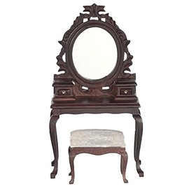 Dolls House Mahogany Vanity Dressing Table & Stool Miniature Bedroom Furniture