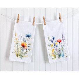 Handmade Wildflower Kitchen Towel Set, Flour Sack Dish Towel, Tea Towels Decorative